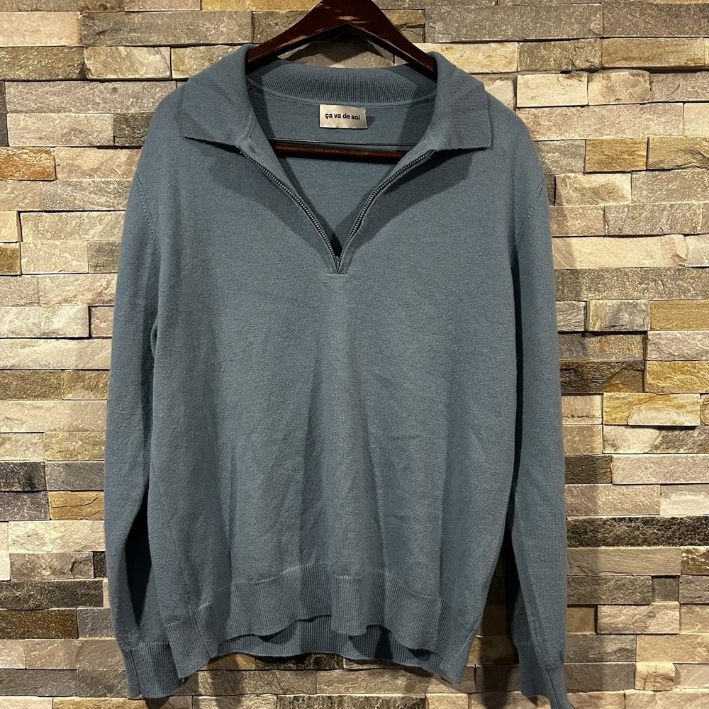 Ca Va De Soi Guirec Merino Wool Sweater Quarter zip Blue Pullover Size Medium